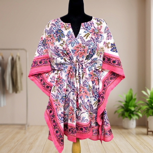 Caftán para Mujer con Estampado Floral Pintado a Mano, Algodón Ecológico, Largo hasta el Suelo, Vestido de Alta Calidad, Estilo Playero, Talla Única, Tallas Grandes - Product Image 3
