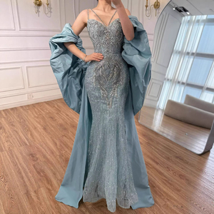 slim fit dress slacks Luxury Turquoise Long Sleeve Evening Dress with Overskirt SS183 main image 1
