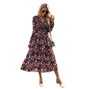 A440 Women's Autumn Square V Neck Floral Print Ruffle Vintage Flowy Beach Vacation Long Midi Bohemian Formal Women Casual Dress