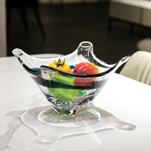 Bol de service en verre soufflé Sommerso Art, bleu océan, motif abstrait de pétales de fleurs, centre de table sculptural pour villa, décoration de table de luxe - Product Image 2