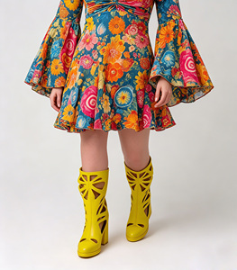 Abito Mini Floreale Anni '70 per <span class=keywords><strong>Donna</strong></span> con Maniche a Campana, <span class=keywords><strong>Costume</strong></span> Retrò con Simbolo della Pace per Festa di Halloween - Product Image 4
