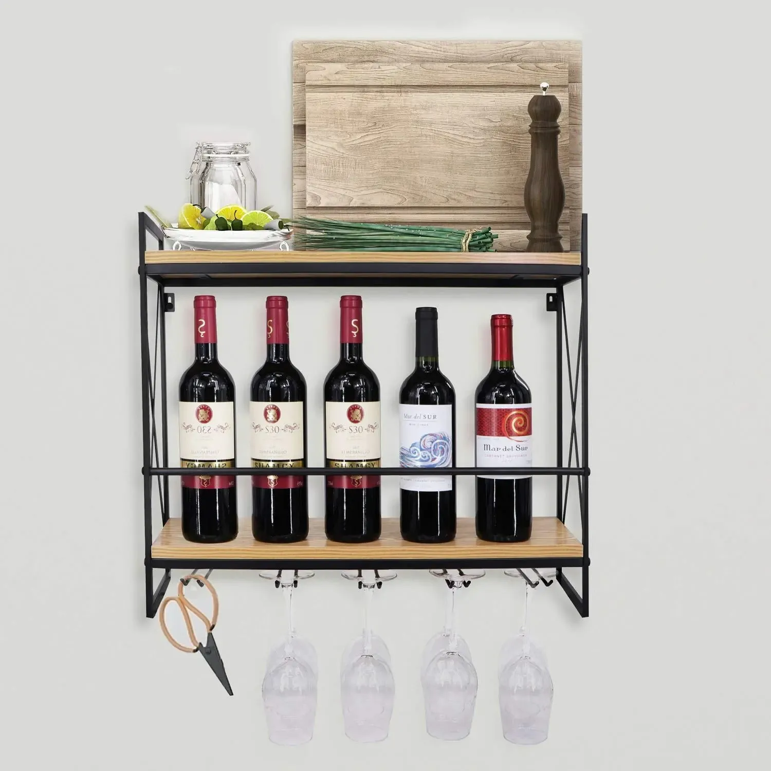 Rustic 2 Tiers with 5 Stems Glass Holder Metal Floating Cabinet Wine Rack Wall Mounted Wine Glass Rack