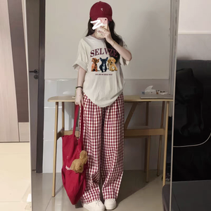 Pigiami estivi con pigiama donna che esplora vestiti <span class=keywords><strong>per</strong></span> la casa lunghi lunghi grigiuti tre cuccioli pantaloni a quadri rossi pigiama - Product Image 4