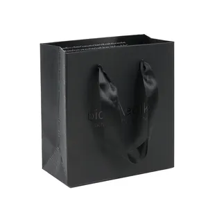 Custom Paper Bag Luxury Ribbon Handle Black Stripes Luxury Shopping Paper Bag With Logo And Handle