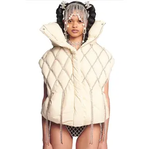 Custom high quality plus size lattice crystal fringe fashion boxy quilted down puffer cropped vest for women