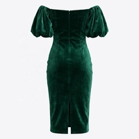 Robe mi-longue moulante vintage en velours vert émeraude à épaules dénudées et manches bouffantes pour femme, élégante pour les soirées et les fêtes