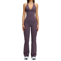 Atmungsaktives Einfarbiges Gebürstetes Micro-Rippen-Spandex/Nylon Yoga-Set mit Neckholder-Ausschnitt, 2-teilige Sport-Fitnesskleidung, Auf Lager