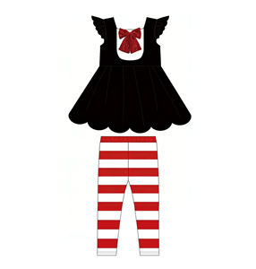 GSPO2283 Ensemble de vêtements pour enfants en gros, style décontracté pour petite fille active, imprimé rayures noires, rouges et blanches, toutes saisons - Product Image 1