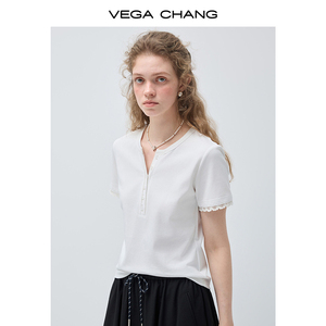 T-shirt en coton à manches courtes VEGA CHANG, style français élégant, coupe ajustée, non restrictif, couleur blanc pur minimaliste, effet éclaircissant. - Product Image 2