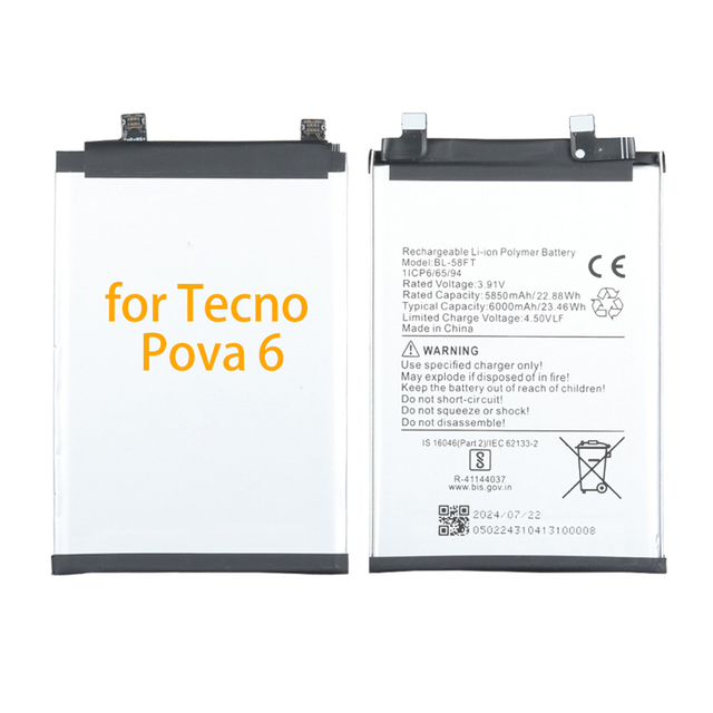 High Quality 6000mAh Rechargeable for Tecno Pova 6 BL-58FT Mobile Phone Lithium-ion Battery in Stock