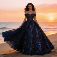 Robe de Quinceañera bleu marine enchantée, épaules dénudées, broderies et appliques, robe de bal en tulle, robe de mariée, pour événements du soir