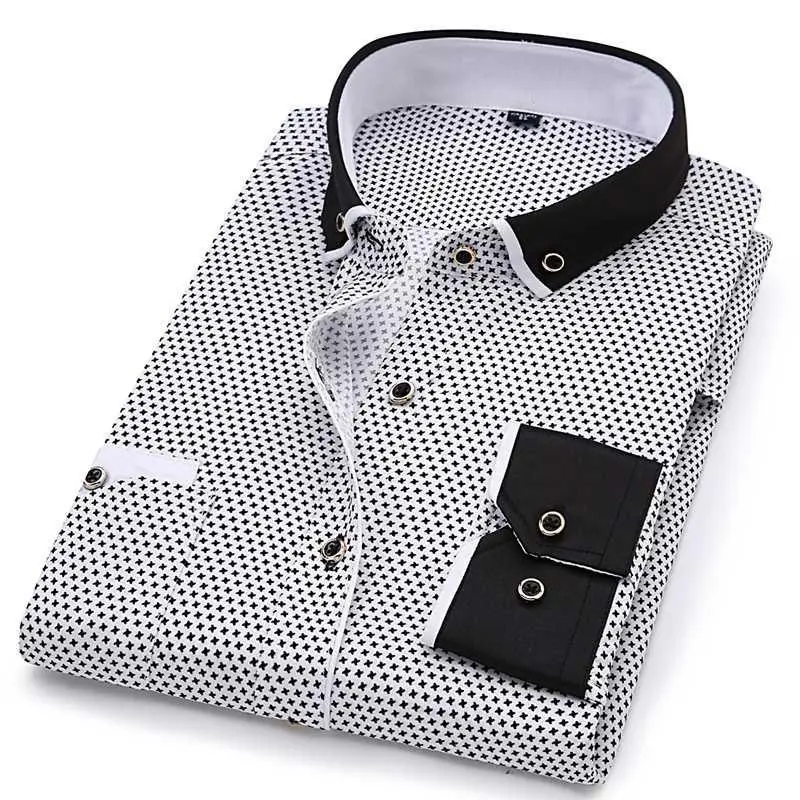 Camisas de vestir de negocios ajustadas con estampado de manga larga a la moda para hombre, camisa con botones en contraste en blanco y negro para hombre