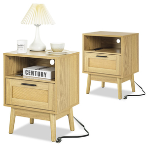 Factory Direct Wholesale Beside Table Rattan Nightstand with Charging Station - Product Image 1