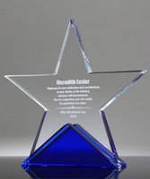 Trophée en verre personnalisé de forme étoile, gravé, pour la reconnaissance des employés, cadeau d'entreprise, base bleue, plaque d'honneur personnalisée