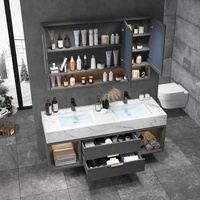Set Perabot Kayu Solid Meja Rias Kamar Mandi Gantung dengan Wastafel Ganda dan Permukaan Marmer