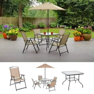 Toptan katlanır masa seti sandalye-Veranda masası seti 4 Sling katlanır sandalyeler yemek masası ve şemsiye parti olay bahçe mobilyaları seti