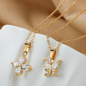 שרשרת תליון פרפר ופרח מצופה זהב 18 קראט מפלדת אל-חלד דקה NS5001 עם שרשרת זירקון צבעוני לנשים - Product Image 3