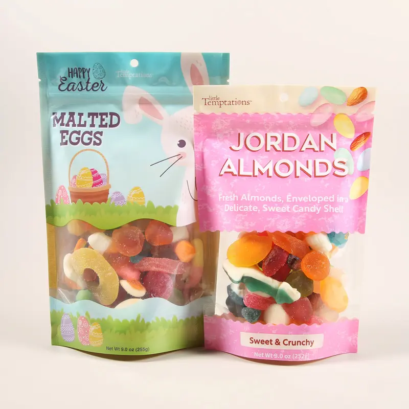 Sacs en mylar brillants personnalisés anti-odeur pochette debout ziplock à impression numérique sac d'emballage de bonbons gommeux de qualité alimentaire avec fenêtre