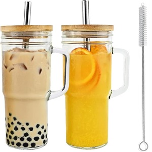 <span class=keywords><strong>Mug</strong></span> de voyage moderne en verre de 24 oz, le plus vendu, avec poignée, couvercle en bois et bouchon de paille – Compatible lave-vaisselle et micro-ondes, grande capacité pour café et thé - Product Image 1