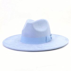 New Arrival Autumn Winter Fashion Women Wide Brim Suede Fedora <b>Hats</b> With Ribbon Bow Decoration - Product Image 3