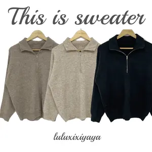 Sweter Rajut Wanita Y2K Panjang Longgar Pullover Setengah Ritsleting Leher Besar Drop Bahu Pakaian Hangat