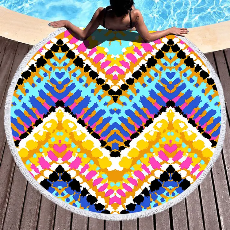 Custom Printed Microfiber Round Sand Fee Circular Beach Towel with Tassel Fringe