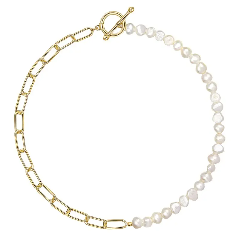 High quality stainless steel paper clip shape pure real gold plated pearl chain initial bracelet gift for best friend