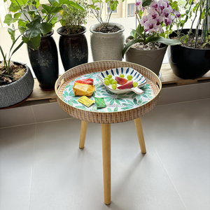 <strong>Round</strong> Plastic Serving <strong>Tray</strong> with Detachable Wood Legs Coffee <strong>Table</strong>, Mosaic Pattern Sofa Side <strong>Table</strong> for Living Room - Product Image 3