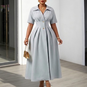 Vestido Midi Elegante de Manga Curta com Gola Lapela, Cintura Alta e Saia Plissada Evasê, Cor Sólida, para Escritório e Igreja, para Mulheres - Product Image 5