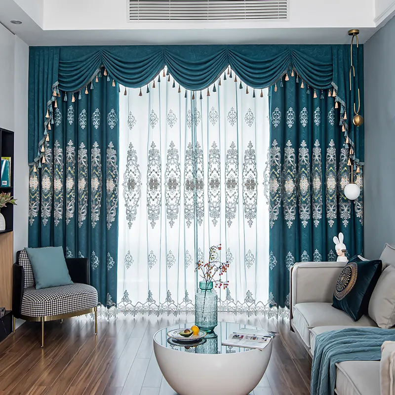 Classic Blue European Embroidered Curtains, Luxury Floral Pattern Room Darkening Window Drapes for Living Room Bedroom