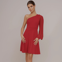 Robe Courte Décontractée pour Femme, Asymétrique à Une Épaule, en Mousseline de Soie, Manches Longues, Rouge Uni, Coupe Trapèze, Vente en Gros Personnalisée
