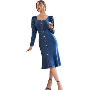 Bleu Denim Manches Bouffantes Femmes Tops <span class=keywords><strong>Robe</strong></span> Femmes Stretch Longues Robes Denim <span class=keywords><strong>Robe</strong></span> Avec Bouton - Product Image 3
