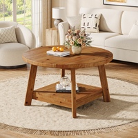 Table basse ronde en bois massif pour salon, 31,5 pouces, style ferme, table d'appoint circulaire à 2 niveaux avec rangement