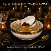 Lot de bols en céramique de luxe en porcelaine fine avec bordure dorée électroplaquée, tailles 4.5, 5, 6, 8 pouces, pour soupes et riz, idéal pour hôtels, restaurants et mariages.