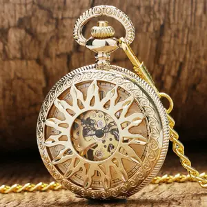 الفاخرة جديد الذهبي الجوف زهرة الشمس حالة تصميم مع عدد الروماني الطلب الهيكل العظمي الميكانيكية قلادة ساعة جيب للرجال النساء