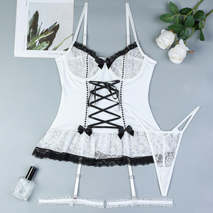 Ensemble de lingerie féminine en dentelle, style Pure Desire, en maille transparente avec nœud papillon, Vêtements pour femmes - Product Image 6