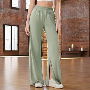 Pantalons de survêtement pour femmes à taille haute, respirants et frais, vente en gros, pantalons de yoga amples à fente pour la danse décontractée, motif uni - Product Image 2