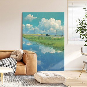 Peinture à l'huile peinte à la main style Miyazaki Hayao, ciel bleu, nuages blancs, 120x180cm, art décoratif pour salon, décoration murale - Product Image 3