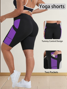 Shorts de sport respirants pour l'été, taille plus, leggings courts, couleur contrastée, shorts de yoga pour femmes, longueur genou avec poches - Product Image 3