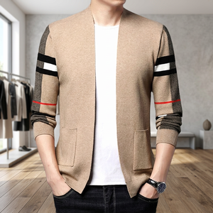 Comfortable Solid Autumn Knitted Breathable <b>Cardigan</b> for <b>Men</b> with Front Logo Single Button Closure for Relaxing Home Weekend Use - Product Image 3