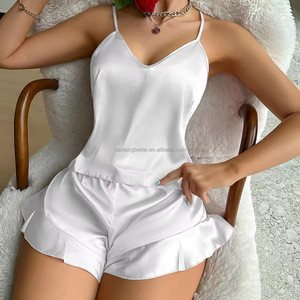Oferta Especial: Conjunto de Pijama de Satén Suave con Volantes para <span class=keywords><strong>Mujer</strong></span>, Camisola de Verano de Dos Piezas con Pantalones Cortos de Satén, Ropa de Dormir y Descanso - Product Image 4