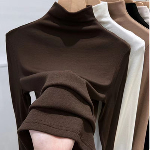 High Neck Long Sleeve Solid Color T-Shirt Women Autumn Winter Warm Slim Fit Base <b>Layer</b> Fleece Lined Stretchy Knit <b>Top</b> - Product Image 3