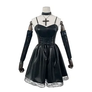 Ölüm notu Cosplay kostüm Misa Amane imitasyon deri seksi elbise + eldiven + çorap + kolye üniforma kıyafet Cosplay kostüm