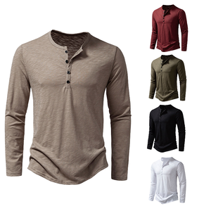 Wholesale Premium Men's <b>T</b>-<b>Shirt</b> High Quality Full <b>Sleeve</b> Customisable <b>Button</b> Logo Canvas Cotton 180g Casual OEM Service - Product Image 1