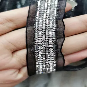 Fabrika toptan özel el yapımı giysi siyah kristal boncuklu aplike tasarımları