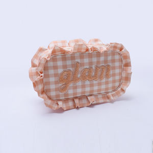 Borsa da Viaggio Impermeabile Personalizzata Fai da Te All'Ingrosso, Pochette Porta Gioielli da Donna, Borsa <span class=keywords><strong>per</strong></span> Trucco a Quadretti Gingham con Volant, Pochette <span class=keywords><strong>per</strong></span> Cosmetici da Ragazza - Product Image 5