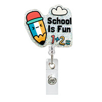 Porte-badge amusant sur le thème de l'école avec motifs de crayons, arc-en-ciel, fusées et planètes, et cordon à bord pailleté pour enseignants et étudiants