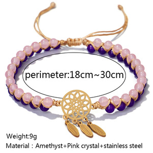 Gold Stainless Steel <strong>Dreamcatcher</strong> Jewelry Agate Pink Crystal Energy Natural Stone Beads Two Double Layers <strong>Bracelet</strong> for Women - Product Image 6