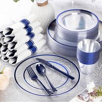 Ensemble de vaisselle en plastique transparent avec bordure dorée personnalisable XUELI, jetable, écologique, pour 50 personnes