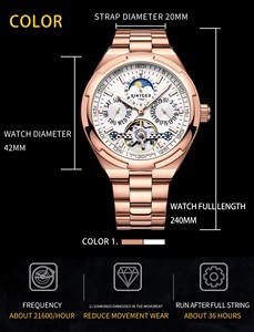 Reloj mecánico automático KINYUED para hombre, resistente al agua, 3BAR, correa de acero inoxidable, calendario semanal con fase lunar, moda de lujo luminosa - Product Image 2